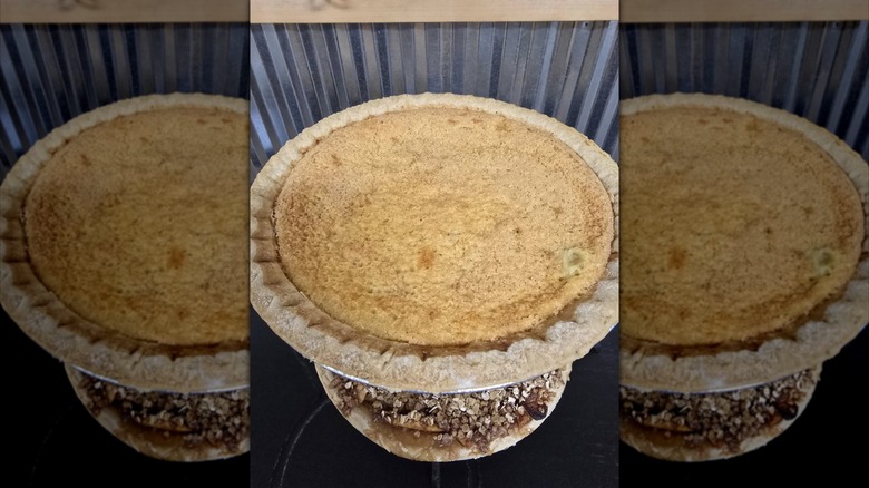 Slice of vinegar pie on a white plate