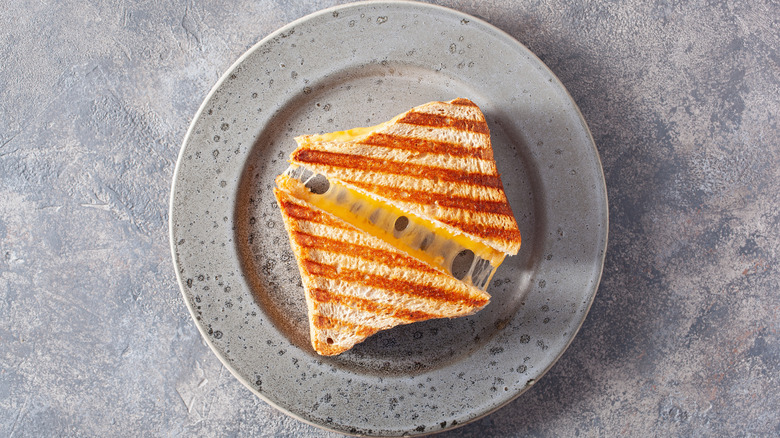 Grilled cheese made on a grill on a grey speckled white plate