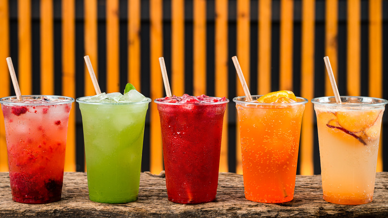 Five cups of colorful juice