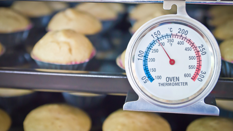 oven thermometer by cupcake pans