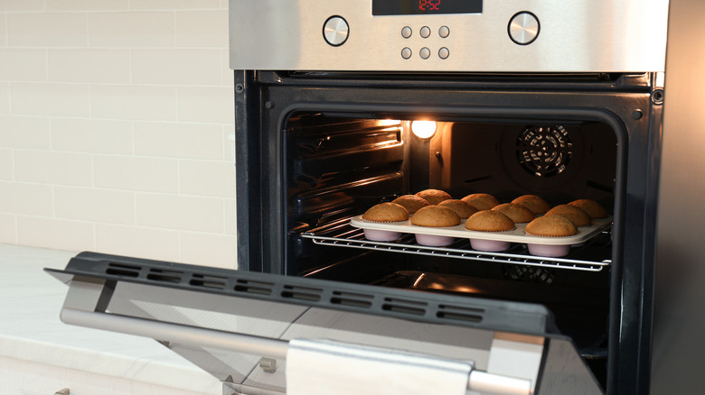 open oven with cupcakes