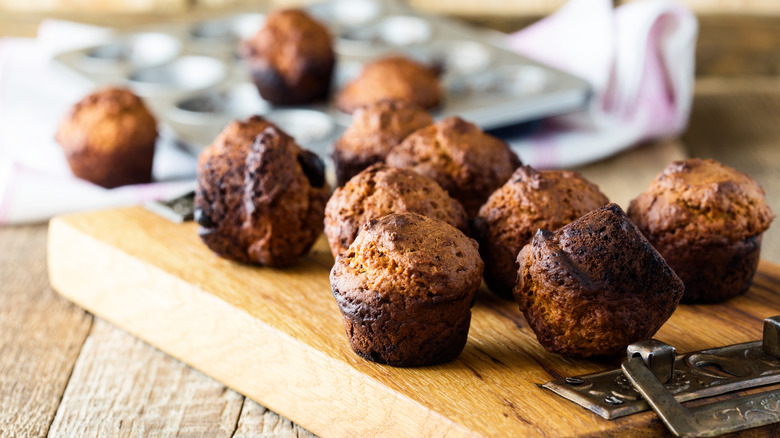 burnt cupcakes on tray