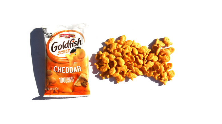 Package of Goldfish crackers some in the shape of a fish