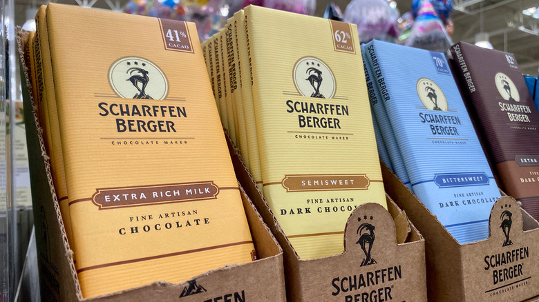 Variety of Scharffen Berger Chocolate bars on display on a store shelf
