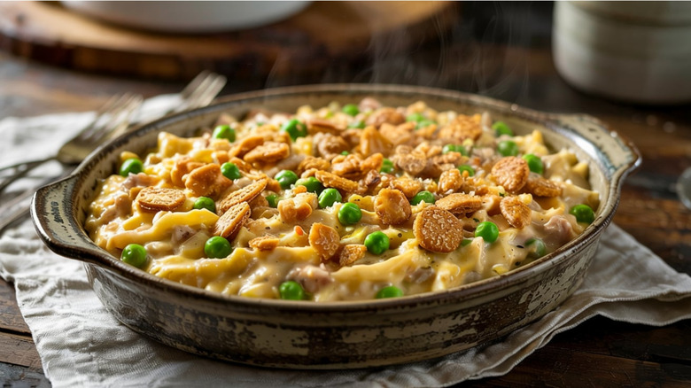 a steaming baking dish of tuna noodle casserole