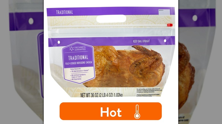 A Walmart freshness guaranteed hot rotisserie chicken in traditional flavor from the prepared foods deli
