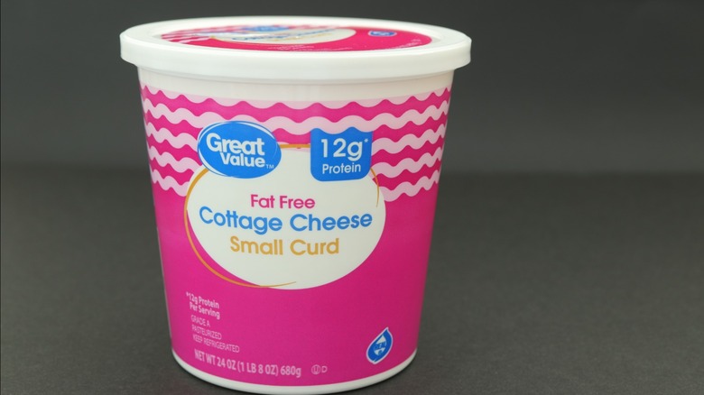A carton of Fat Free small curd cottage cheese from the great value walmart brand