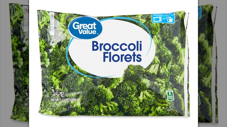 A bag of great value broccoli florets from walmart
