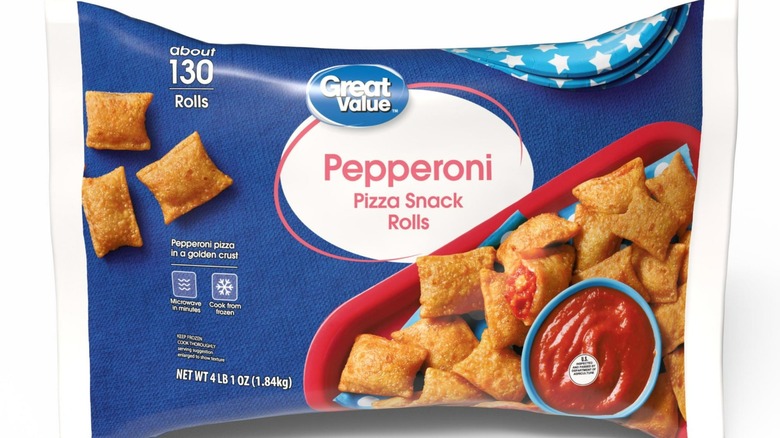 A blue 130 count bag of great value frozen pepperoni pizza snack rolls