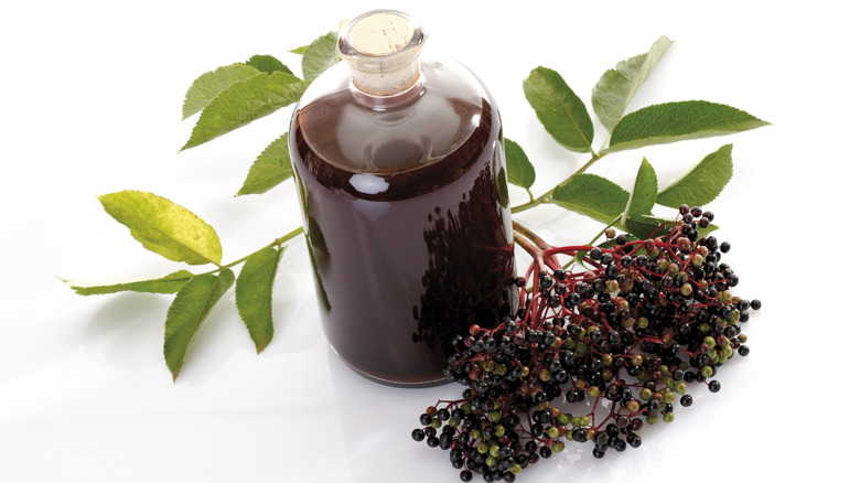 Fresh elderberries next to a bottle of elderberry syrup