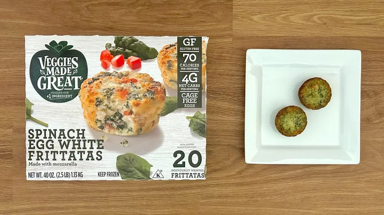 Package and plate of Garden Lites Veggies Made Great Spinach Egg White Frittatas