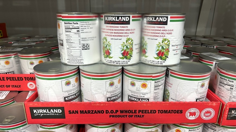Cans of Kirkland Signature San Marzano Tomatoes