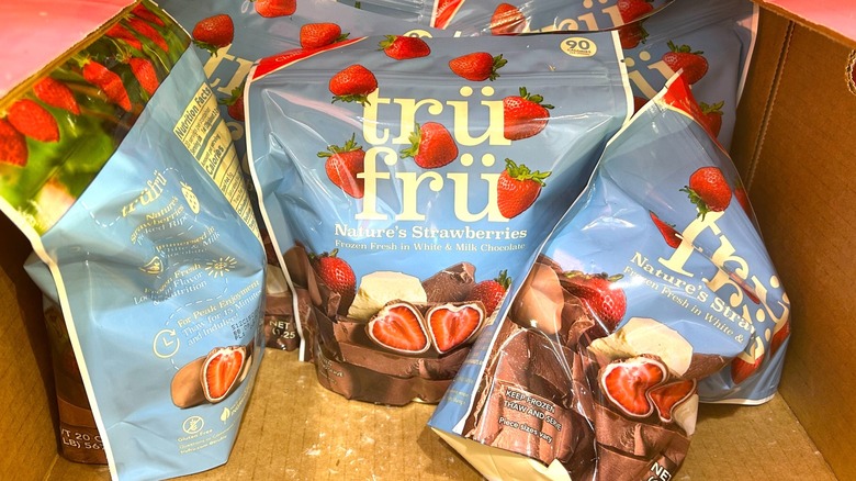 Packages of Trü Frü Nature's Strawberries Hyper-Chilled in White and Milk Chocolate