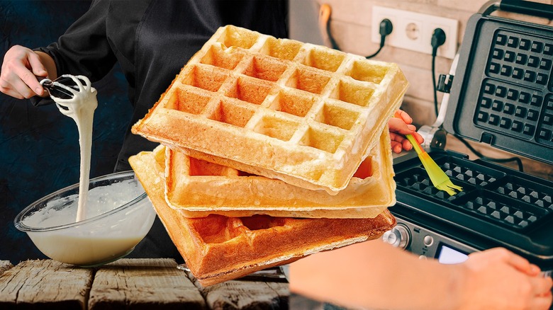 waffles, batter, and waffle maker