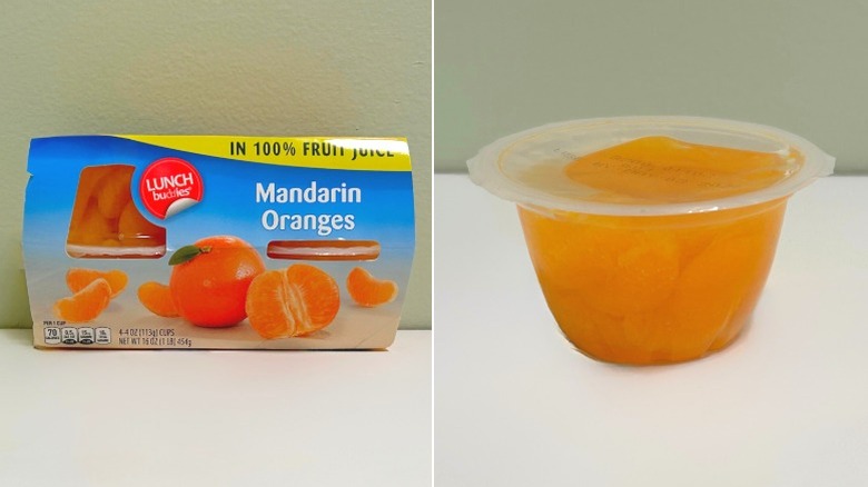 A pack of Lunch Buddies Mandarin Oranges next to a cup of oranges in juice