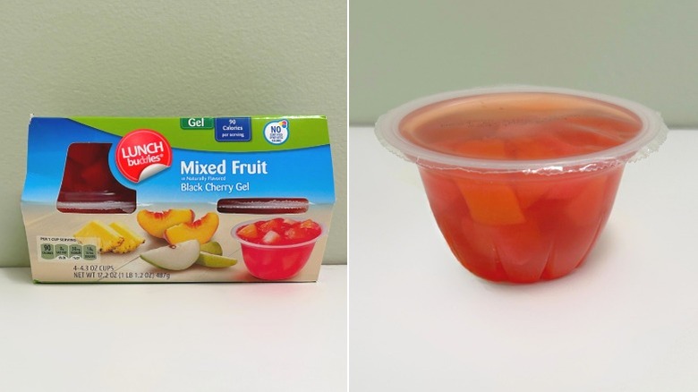 A pack of Lunch Buddies Mixed Fruit in Black Cherry Gel next to an individual cup of jello with fruit