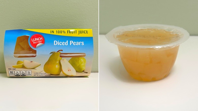 A package of Lunch Buddies Diced Pears Cups next to a cup of diced pears in juice