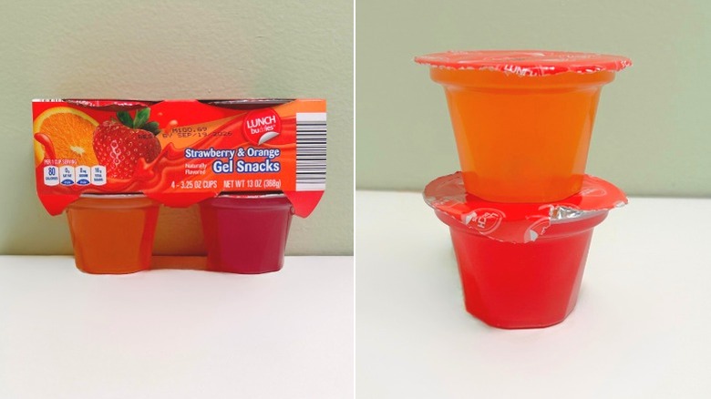 A pack of Lunch Buddies Strawbery and Orange Gel Snacks next to stacked orange and red Jello cups