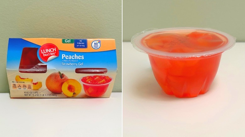 A pack of Lunch Buddies Peaches in Strawberry Gel next to an individual container of peaches in strawberry jello