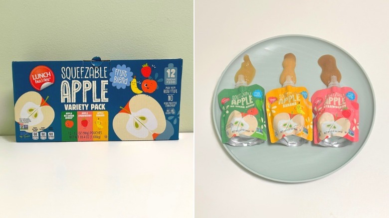A box of Lunch Buddies Squeezable Apple Variety Pack next to three applesauce pouches on a green plate