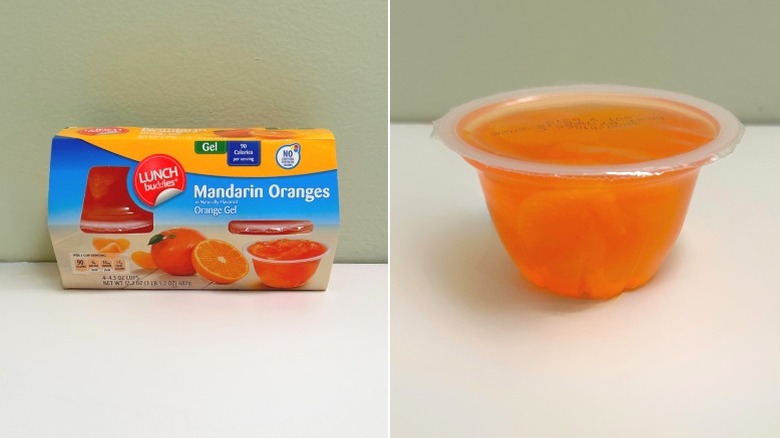 A pack of Lunch Buddies Mandarin Orange in Orange Gel next to an individual container of oranges in jello