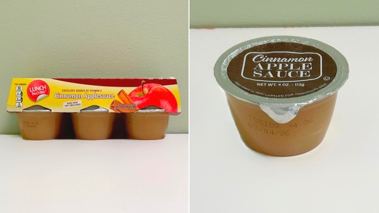 A pack of Lunch Buddies Cinnamon Applesauce next to a cup of cinnamon applesauce