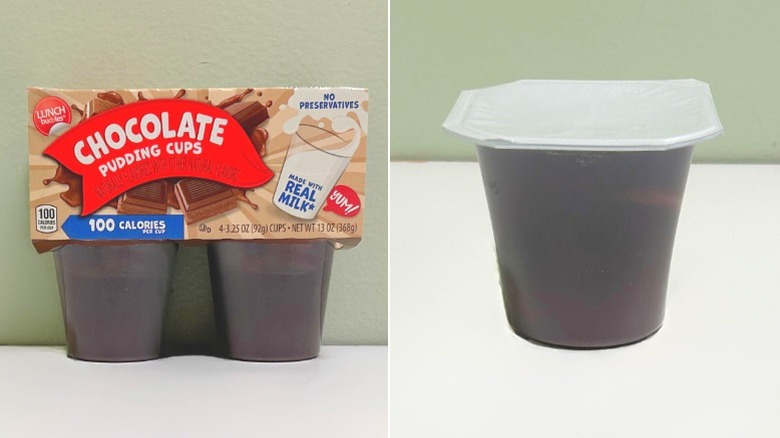 A pack of Lunch Buddies Chocolate Pudding Cups next to an individual pudding cup
