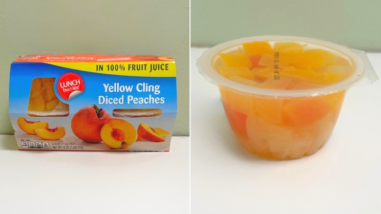 A pack of Lunch Buddies Yellow Cling Diced Peaches next to a peach fruit cup
