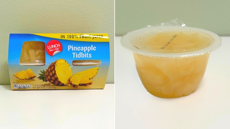 A pack of Lunch Buddies Pineapple Tidbits next to a cup of pineapple chunks