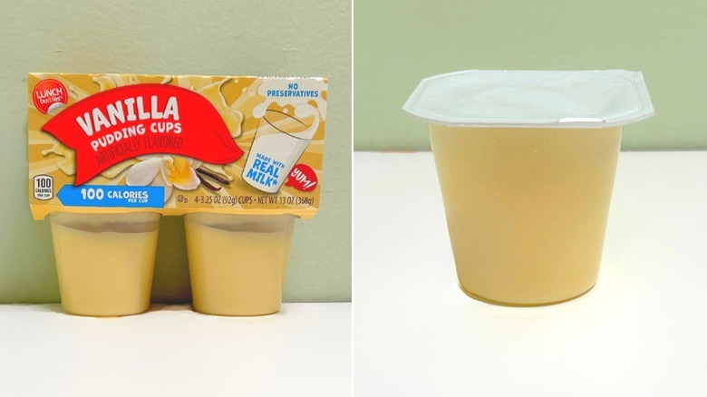 Pack of Lunch Buddies Vanilla Pudding Cups next to a vanilla pudding cup