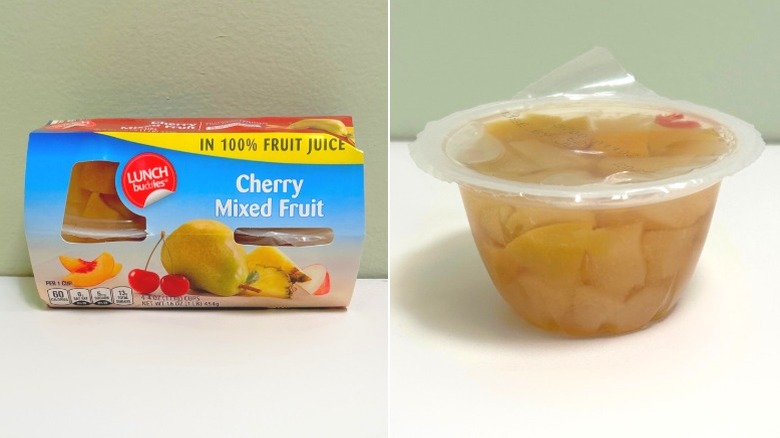 A pack of Lunch Buddies Cherry Mixed Fruit next to a cup of mixed fruit in juice