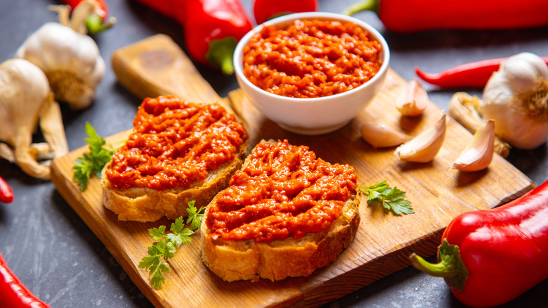 Ajvar in a bowl and on toast points