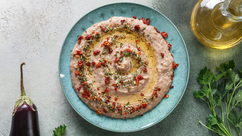 lue plate of Baba Ghanoush