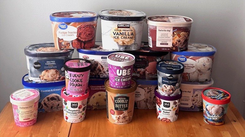 Various containers of store-brand ice creams