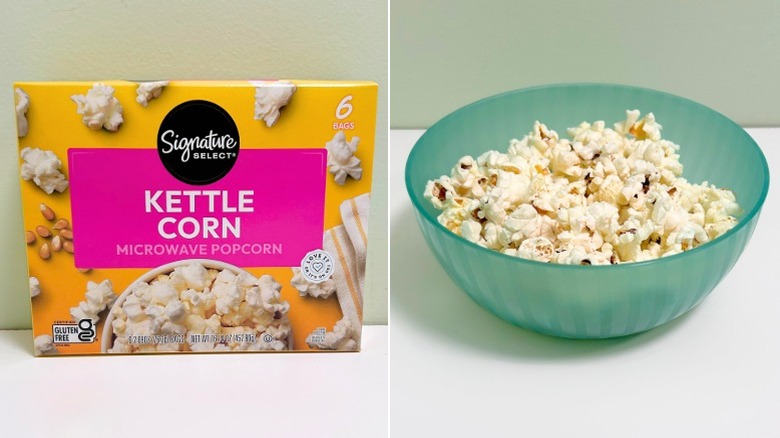 A box of Signature Select Kettle Corn Microwave Popcorn next to a green bowl of popcorn