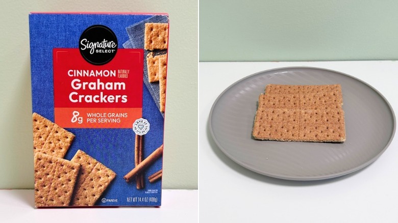 A box of Signature Select Cinnamon Graham Crackers next to a plate of graham crackers