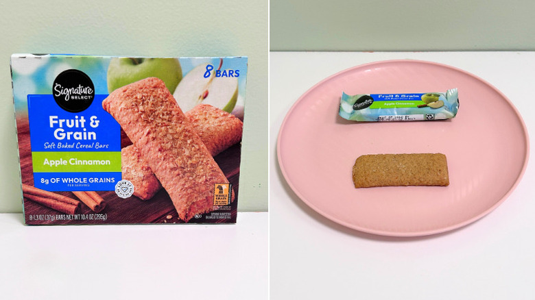 A box of Signature Select Apple Cinnamon Cereal Bars next to a plate of cereal bars