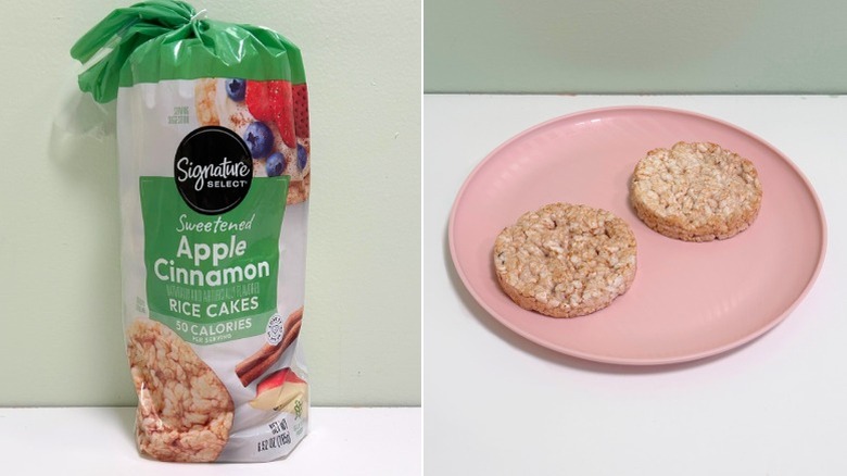 A bag of Apple Cinnamon Rice Cakes next to a pink plate of rice cakes