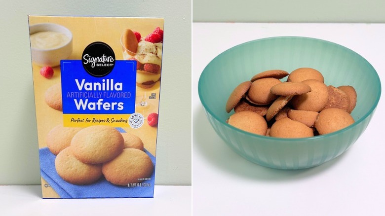 A box of Signature Select Vanilla Wafers next to a green bowl of wafers