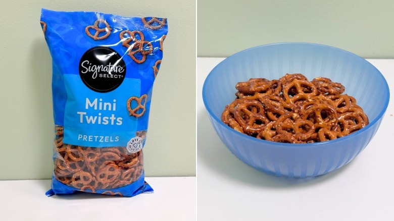 A bag of Signature Select Pretzels next to a blue bowl of pretzels