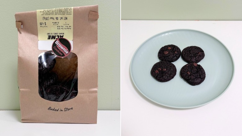 A bag of Signature Select Brownie Cookies next to a blue plate of cookies