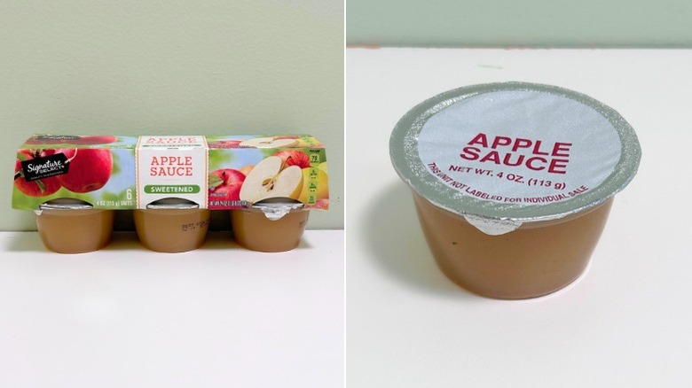 A pack of Signature Select Applesauce Cups next to an applesauce cup