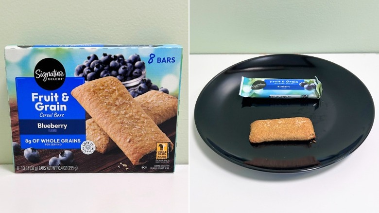 A box of Signature Select Blueberry Cereal Bars next to a plate of cereal bars