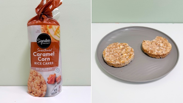 A bag of Signature Select Caramel Rice Cakes next to a plate of rice cakes
