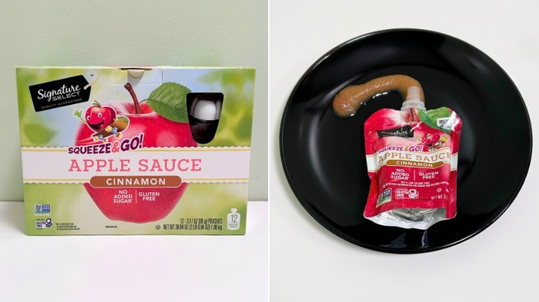 A box of Signature Select applesauce pouches next to an applesauce pouch