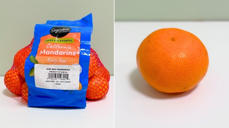 A bag of Signature Select California mandarins next to a mandarin orange