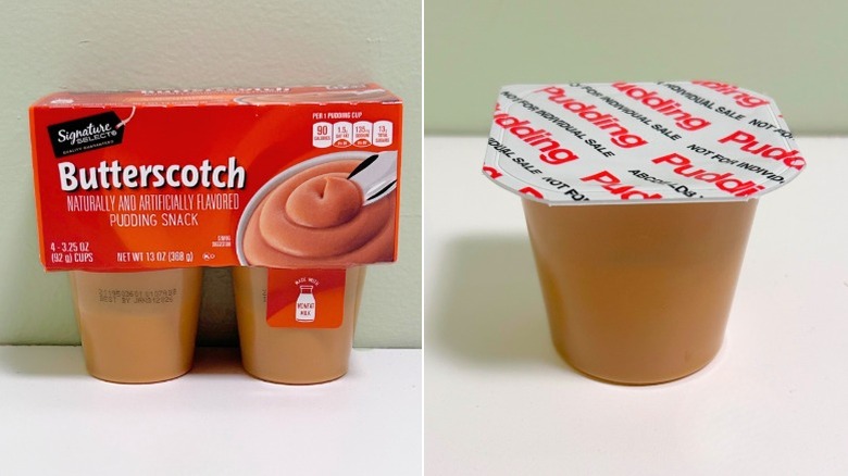 A container of Signature Select Butterscotch Pudding next to a pudding cup