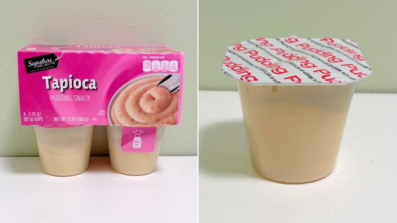 A container of Signature Select Tapioca Pudding next to a pudding cup