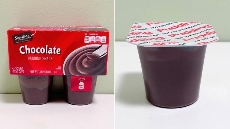 A container of Signature Select Chocolate Pudding next to a pudding cup