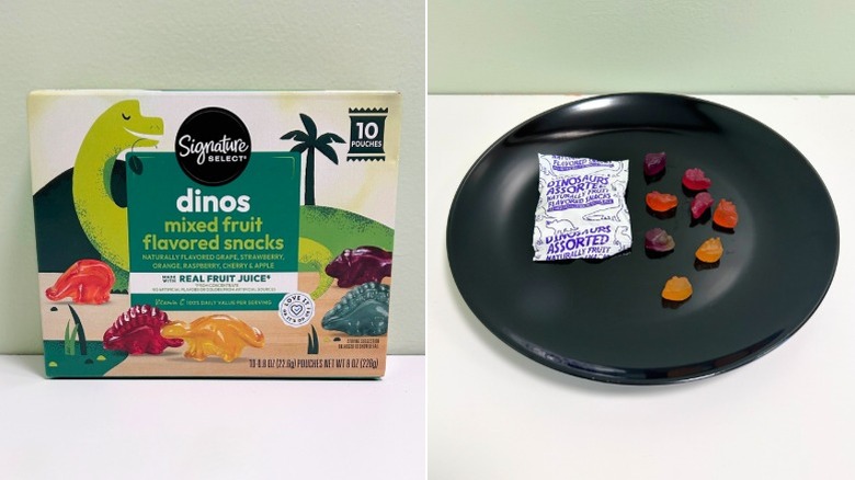 A box of Signature Select Fruit Snacks next to a black plate of fruit snacks